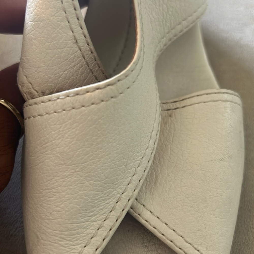 BCBG Max Aria off white Soft leather crossover learher w/ straw woven wedge